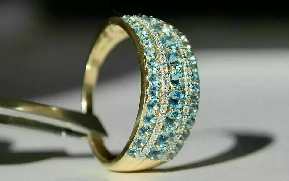 2.20Ct Round Cut Simulated Aquamarine Eternity Band Ring 14K Yellow Gold Plated
