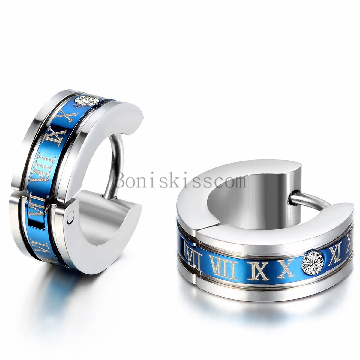 2Pcs Roman Numerals Engraved Stainless Steel Men’s Hinged Hoop Snap on Earrings