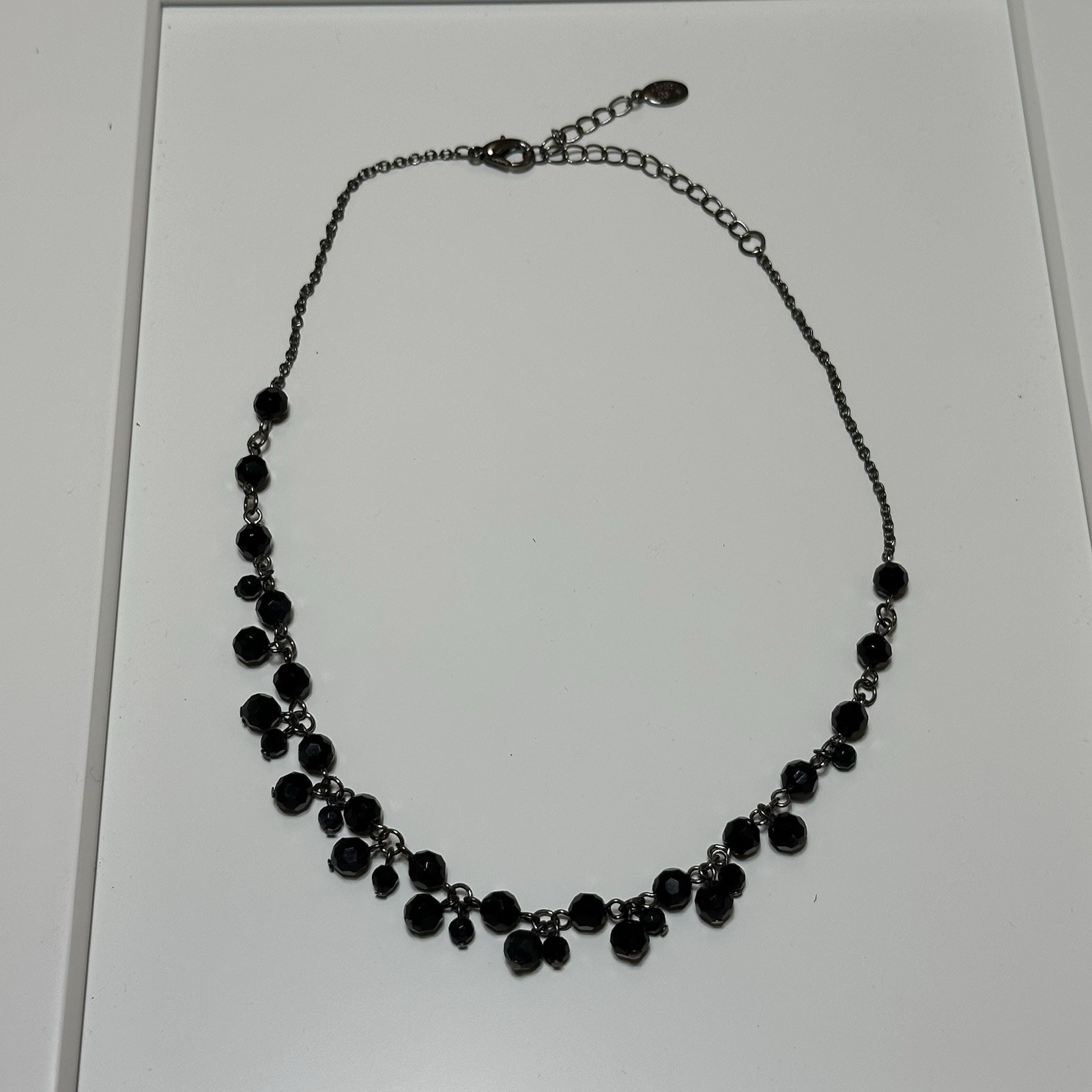 Black Beaded Necklace With Gunmetal Tone Metal Chain