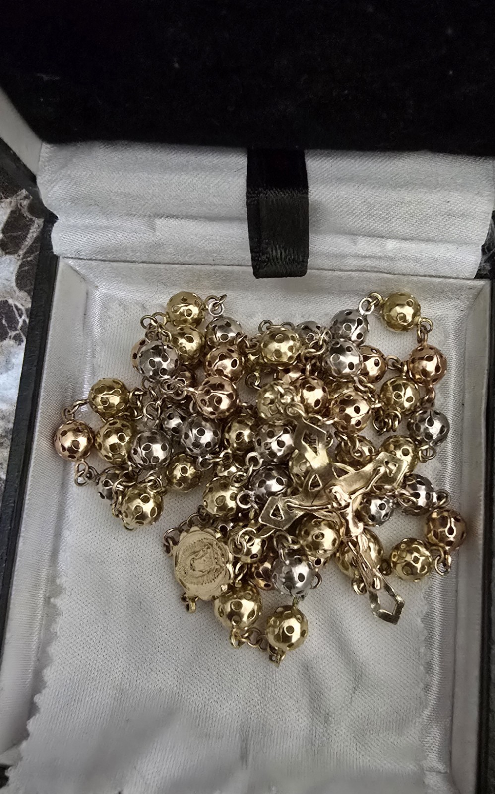 14K Solid Tri color Gold 2.4mm Puf Ball Virgin Guadalupe Rosary Necklace Rosario