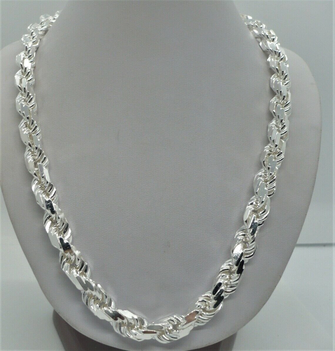 Solid 925 Sterling Silver Italian Rope Chain Mens Necklace 9mm Diamond Cut