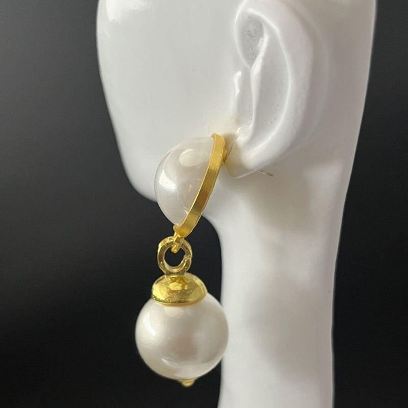 A Pair Chunky Pearl Dangle Earrings Gold Pierced Statement Bold