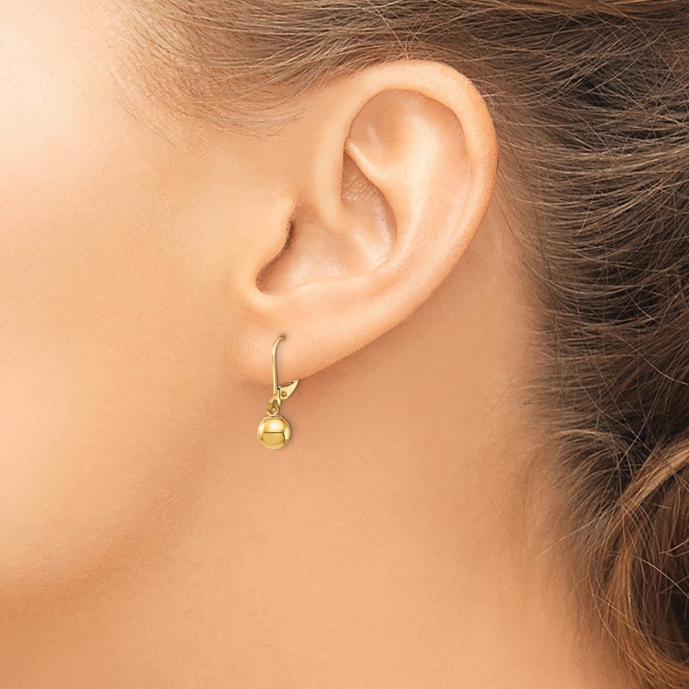 14k Yellow Gold Dangle 6mm Bead Leverback Earrings 0.65g for Mom