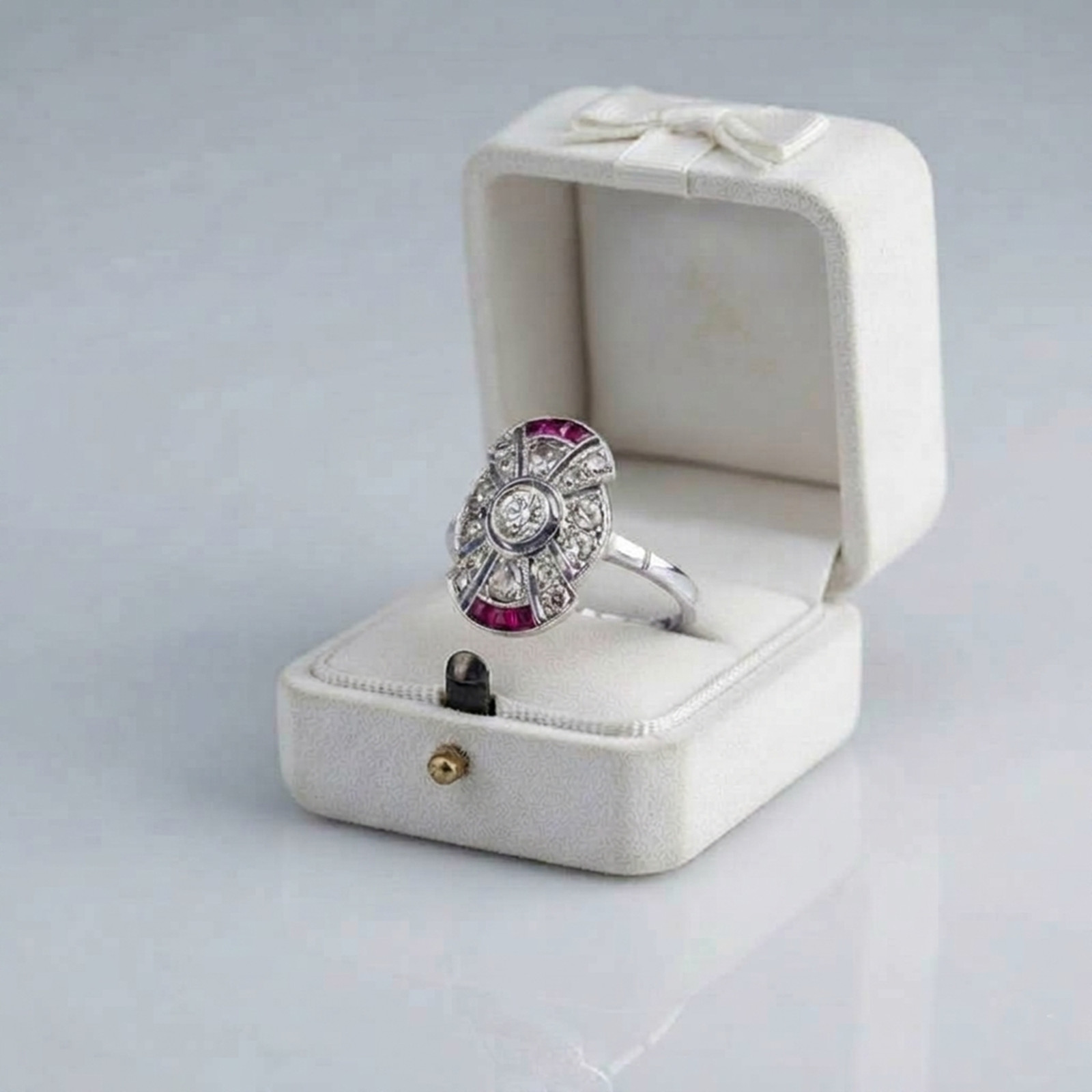 Ruby & Round Cut Lab Created Diamond 14K Gold Art Deco Engagement Ring For Her