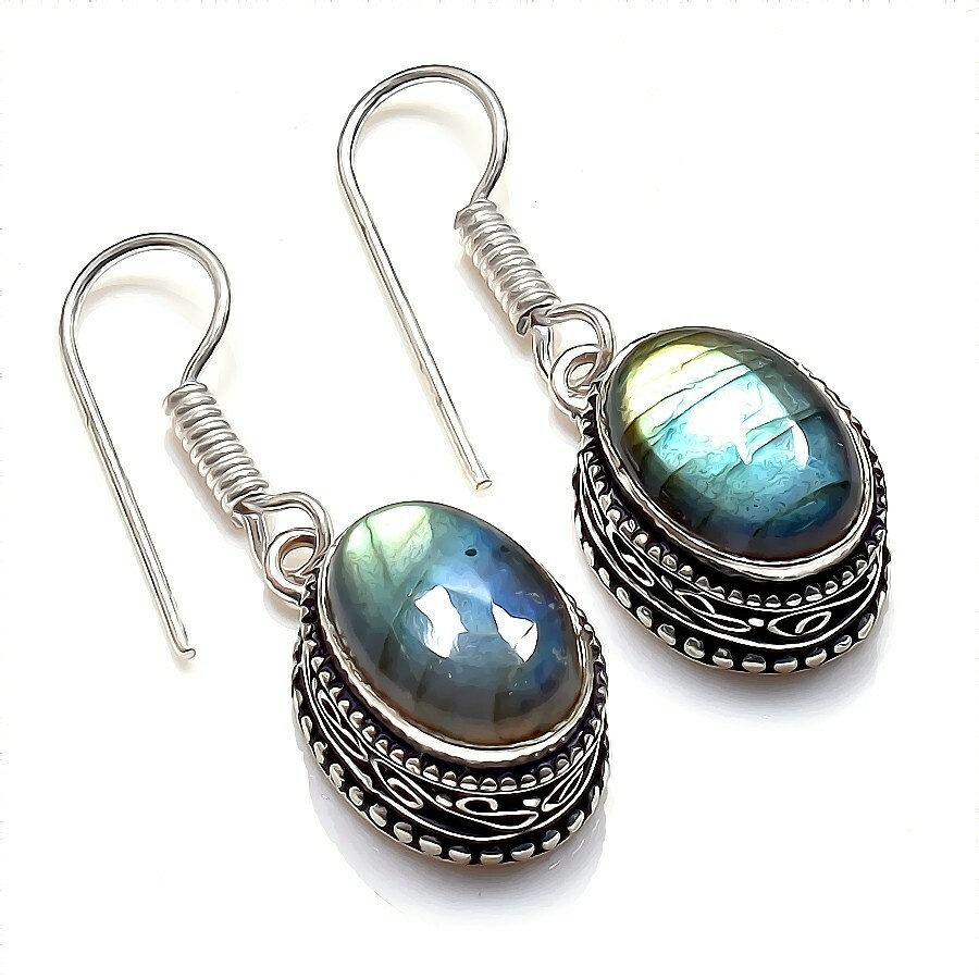 Labradorite Gemstone Handmade 925 Sterling Silver Jewelry Earring Sz 1.2”