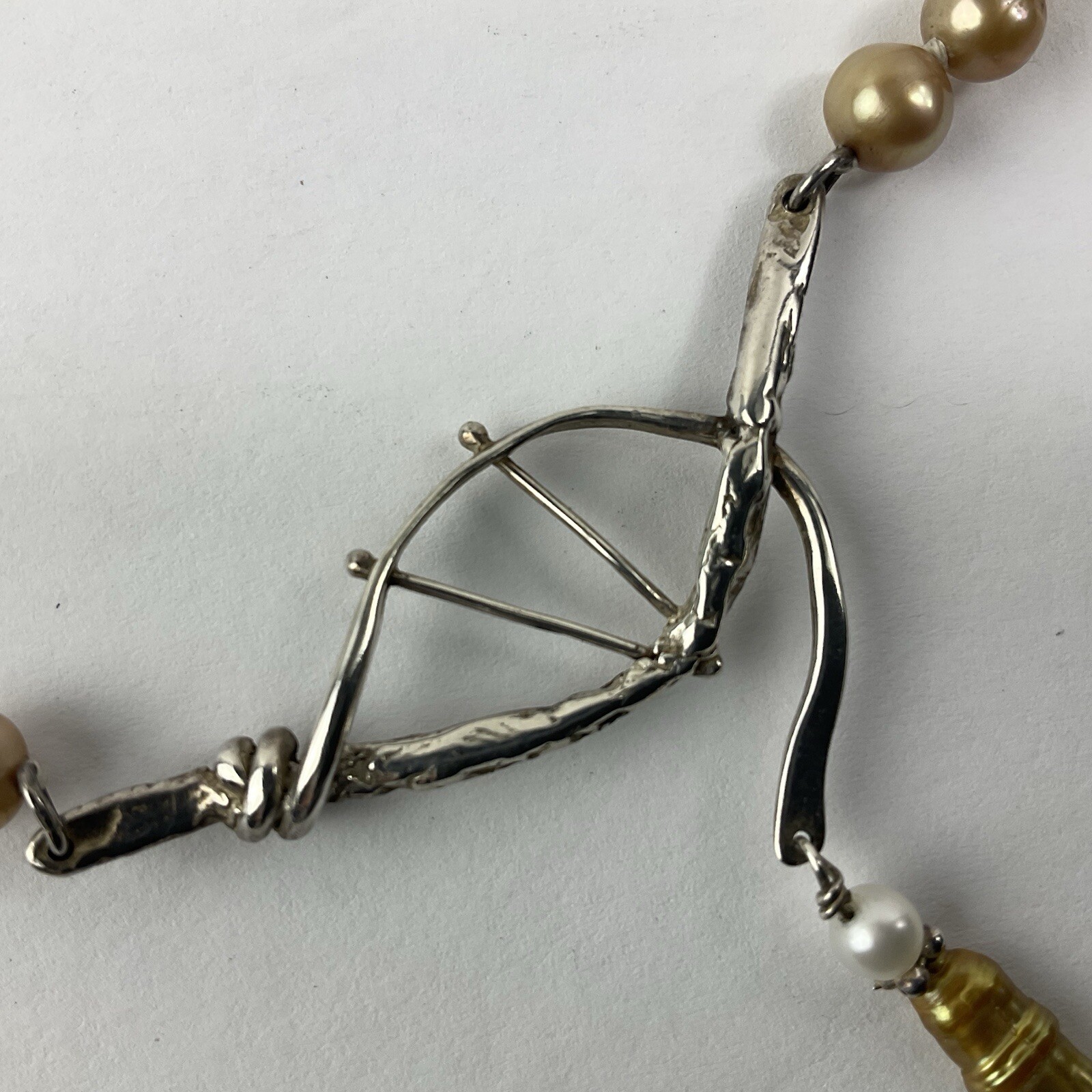 Artisan Sterling Silver Baroque Dangle Pendant Necklace Golden Pearl Near Round