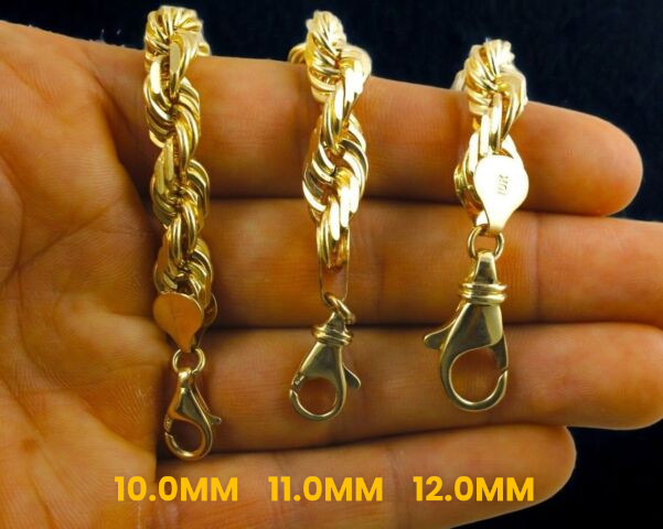 10K Yellow Gold 1mm-23mm Solid Rope Chain Necklace Diamond Cut All Sizes