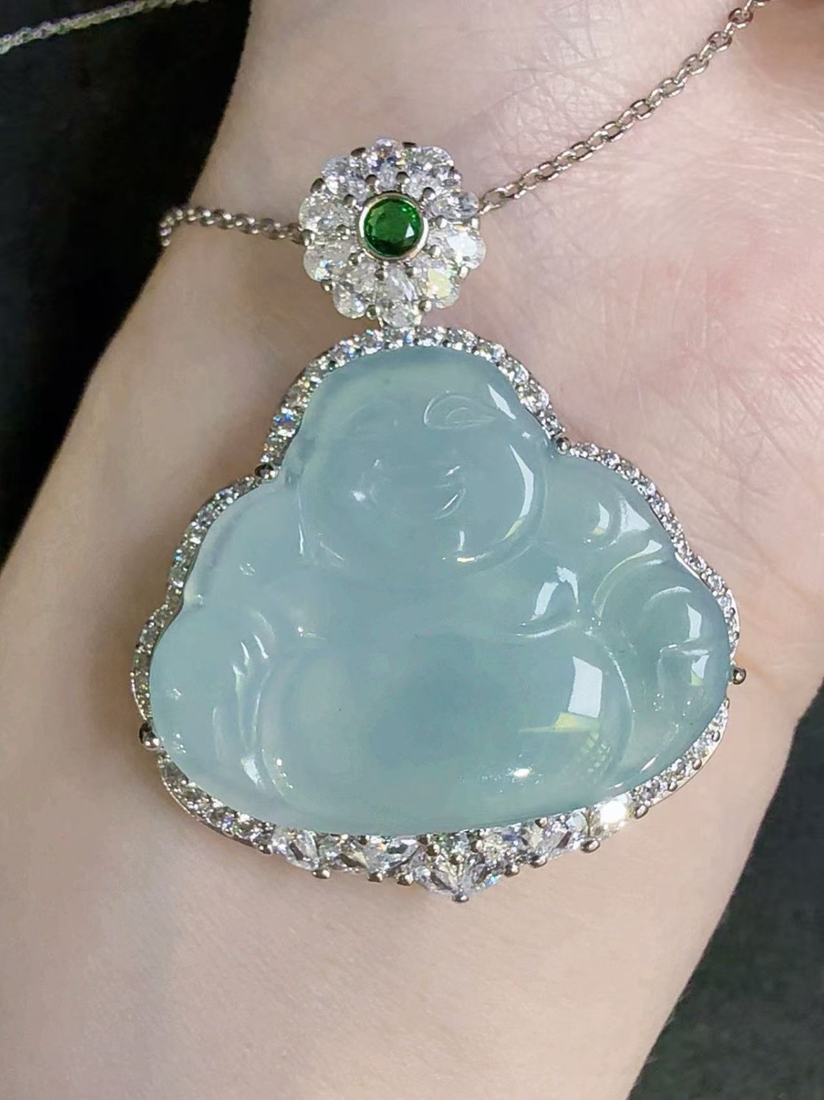 Natural sky blue jadeite Maitreya Buddha pendant