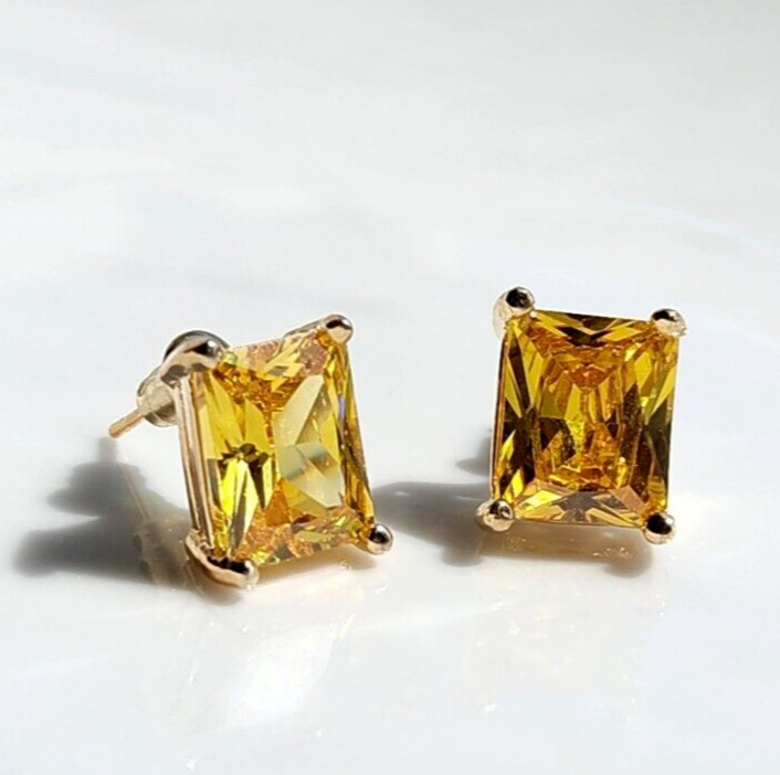 8CT Yellow Citrine Rectangle Stud Earrings 14k Yellow Gold Plated in 925 Sliver