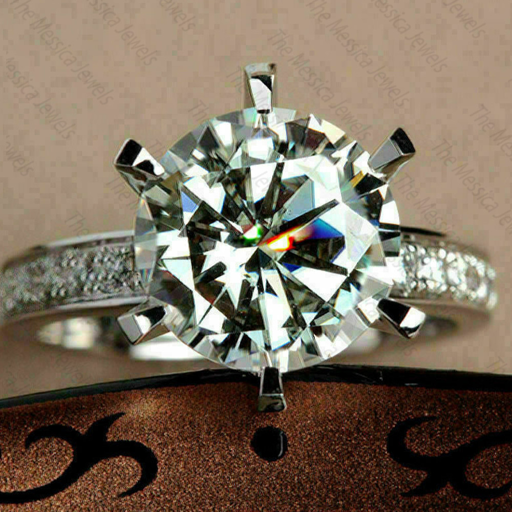 3.0 TCW Round Cut Moissanite Six Prong Engagement Ring In 14k White Gold Plated
