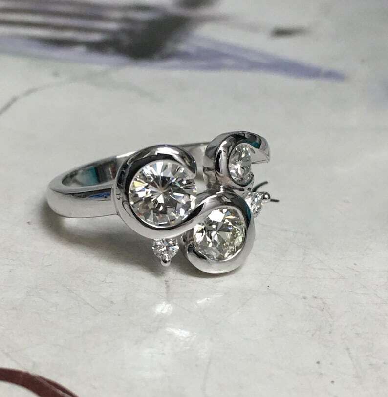 Unique Round Cut Moissanite Bubble Style Engagement Ring in 935 Argentium Silver
