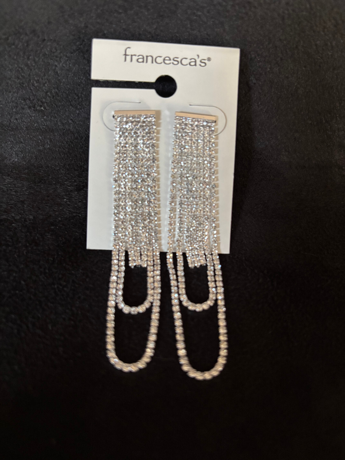 NWT Silver Rhinestone Tassle Looped Pierced Earrings Orig. $24.95 Very Light wt.