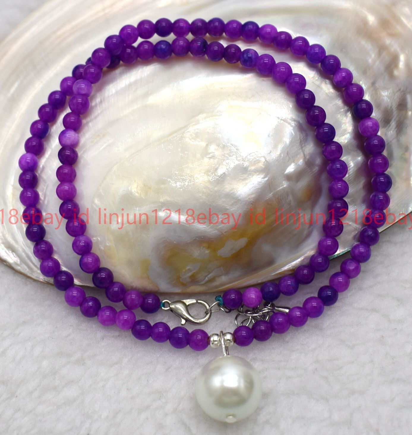 4mm Purple Sugilite Round Gems Beaded White Shell Pearl Pendant Necklace 16-28in