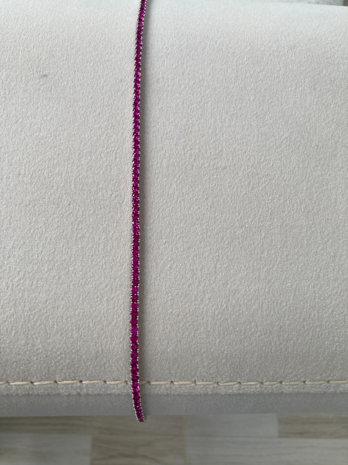 Ruby Tennis Necklace Round Stone Lab Created, 925 Sterling Silver 3,5mm 17.5