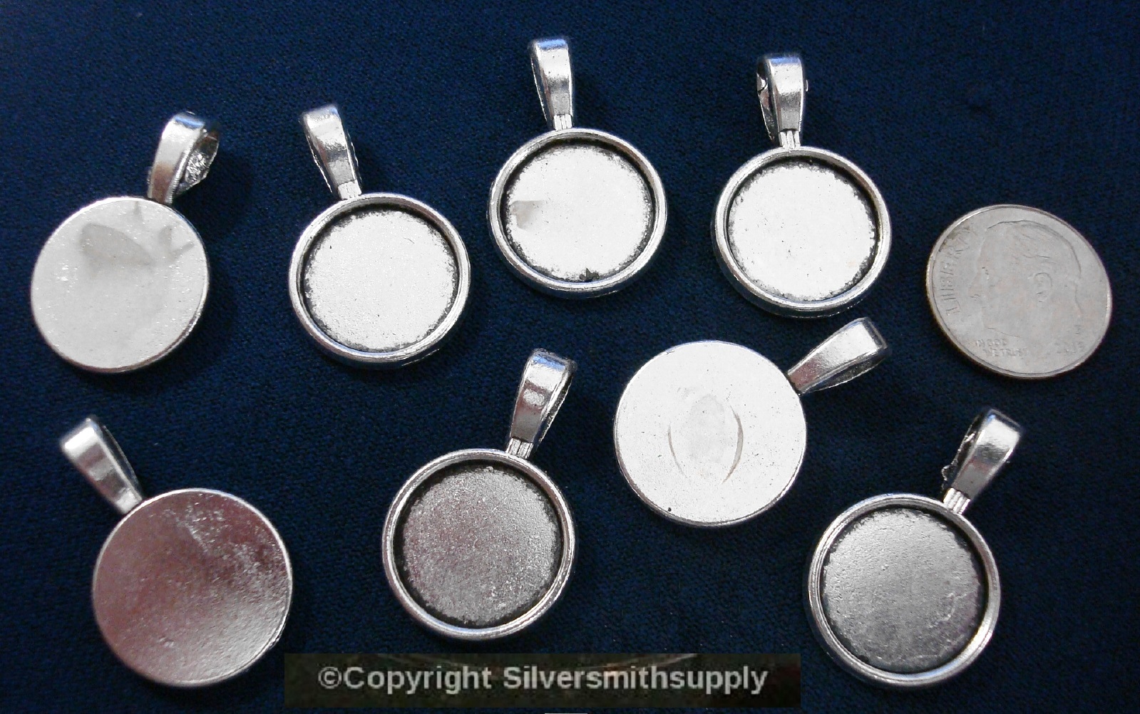8 Bezel cup tray settings Silver plt holds 14mm cabochon bailed pendants fpe172