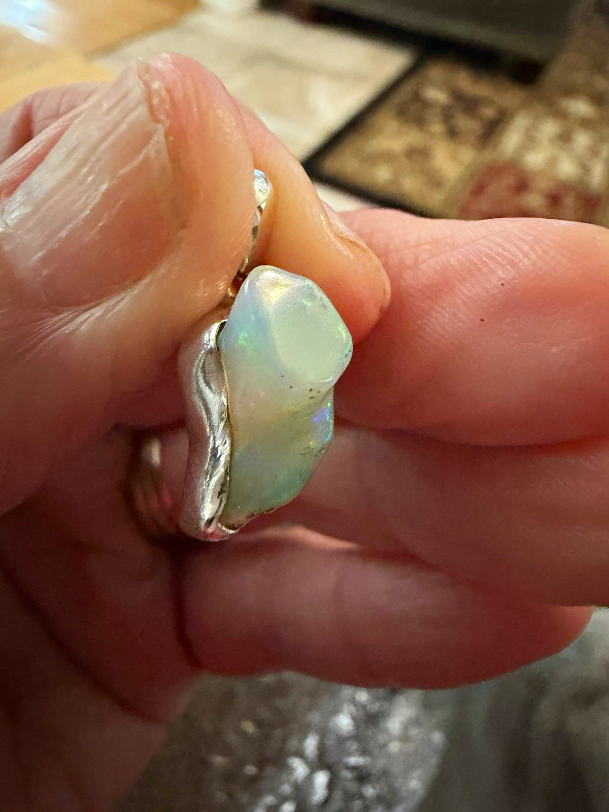 Sterling Silver 925 raw Ethiopian Opal Freeform Asymmetrical Signed Pendant