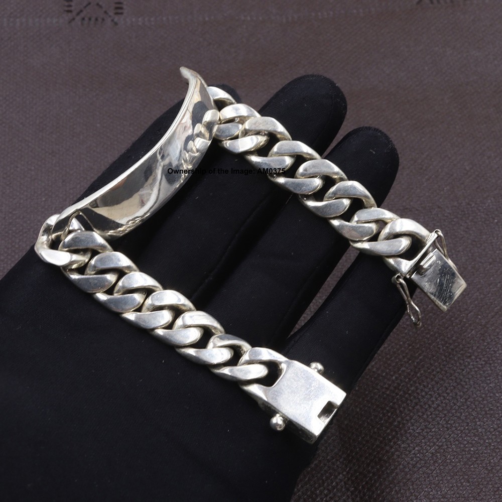 Solid 925 Sterling Silver Curb Link Bracelet W/ Plain Long Plate Bangle 7.9inch