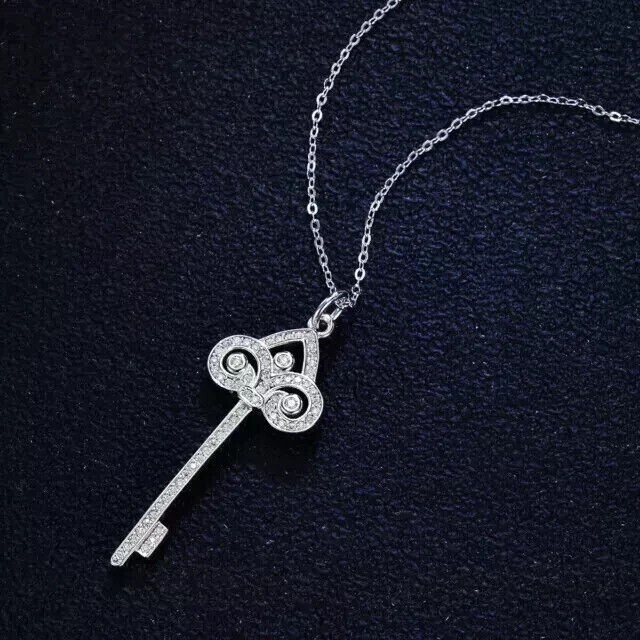 Round Simulated Diamond Women’s Stunning Key Fancy Pendant 14k White Gold Plated