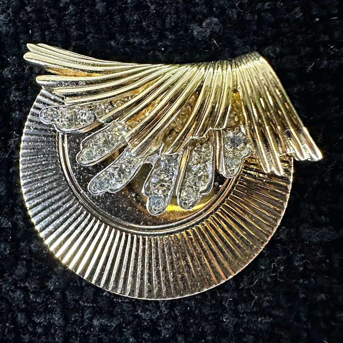 Vintage Boucher Signed Fan Brooch Pin Rhinestone Crystal Gold & Silver Tone