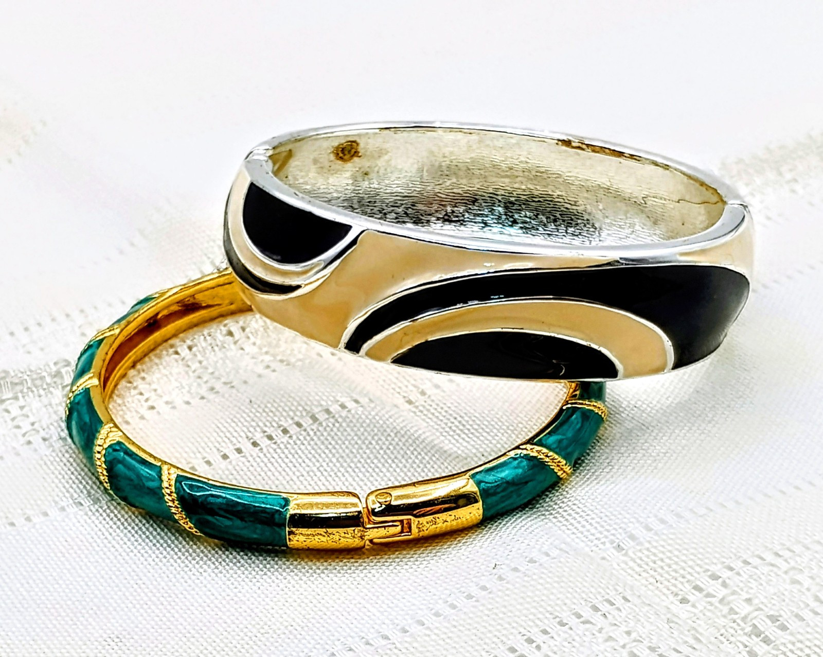 Enamel Bracelets Hinged Green with Gold & Beige W/ Black/ Silver 1970s To 1980s