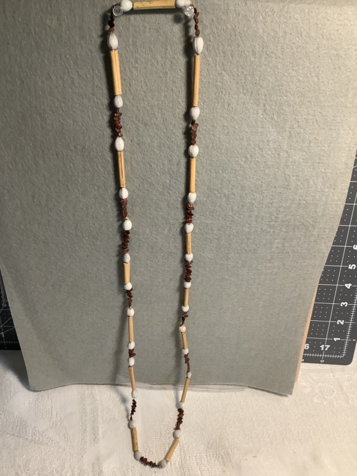 Vintage boho bamboo white brown beads 40” long necklace