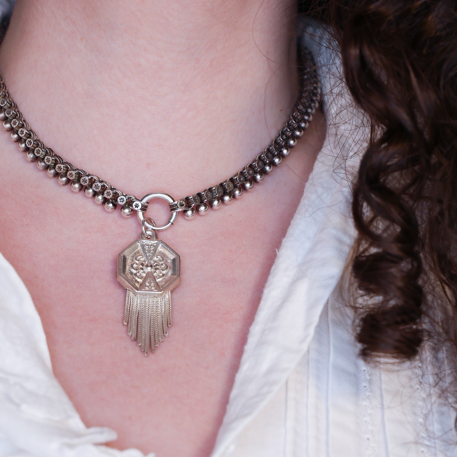 Antique French Puffy Tassel Charm Sterling Silver Die Struck Engraved Octagon