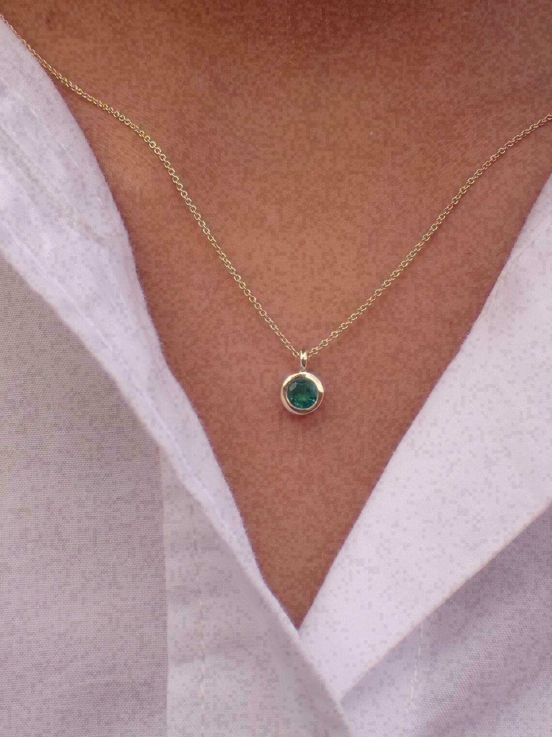 1Ct Round Cut Simulated Solitaire Emerald Pendant Necklace 14k Yellow Gold Over
