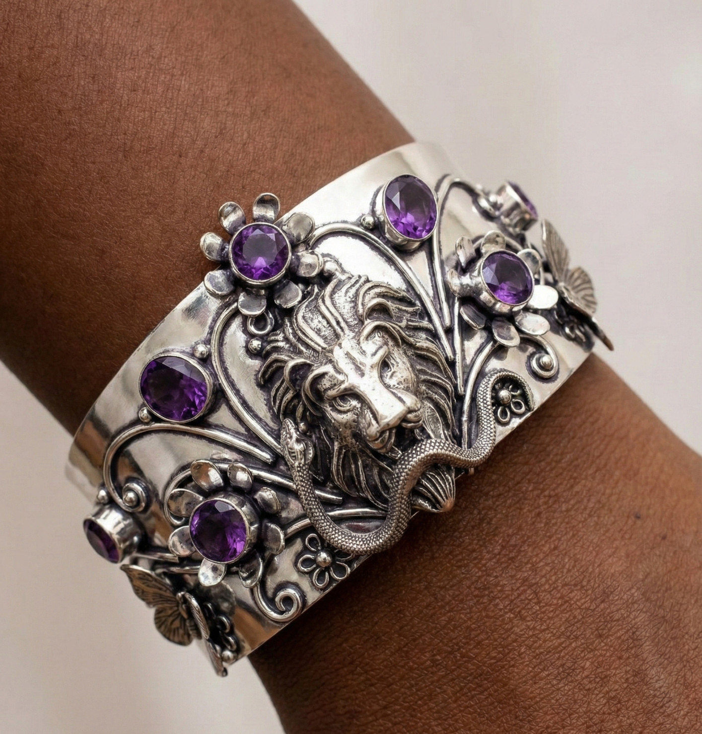925 Sterling Silver Purple Amethyst Gemstone Jewelry Cuff Bracelet Size-ADJ