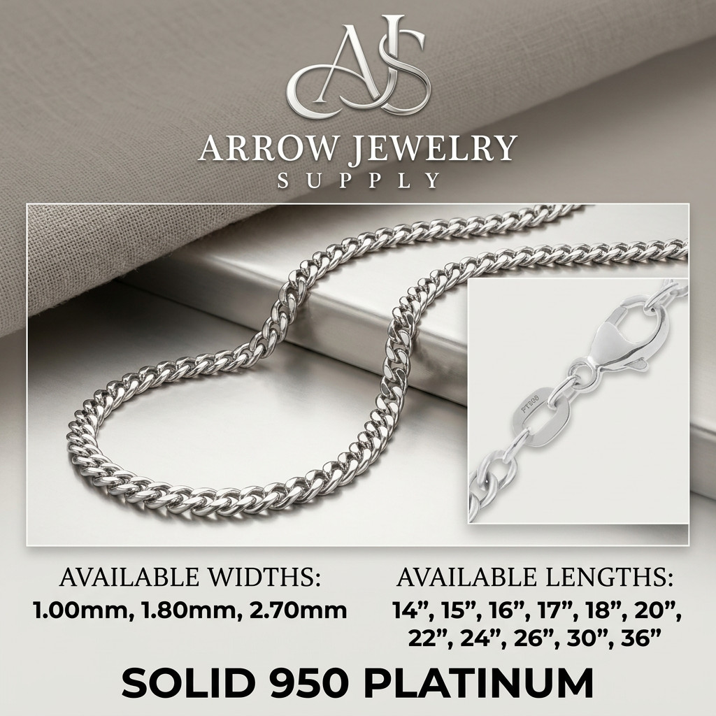 950 Platinum Curb Link Chain Necklace 1.0mm, 1.80mm, 2.70mm Widths