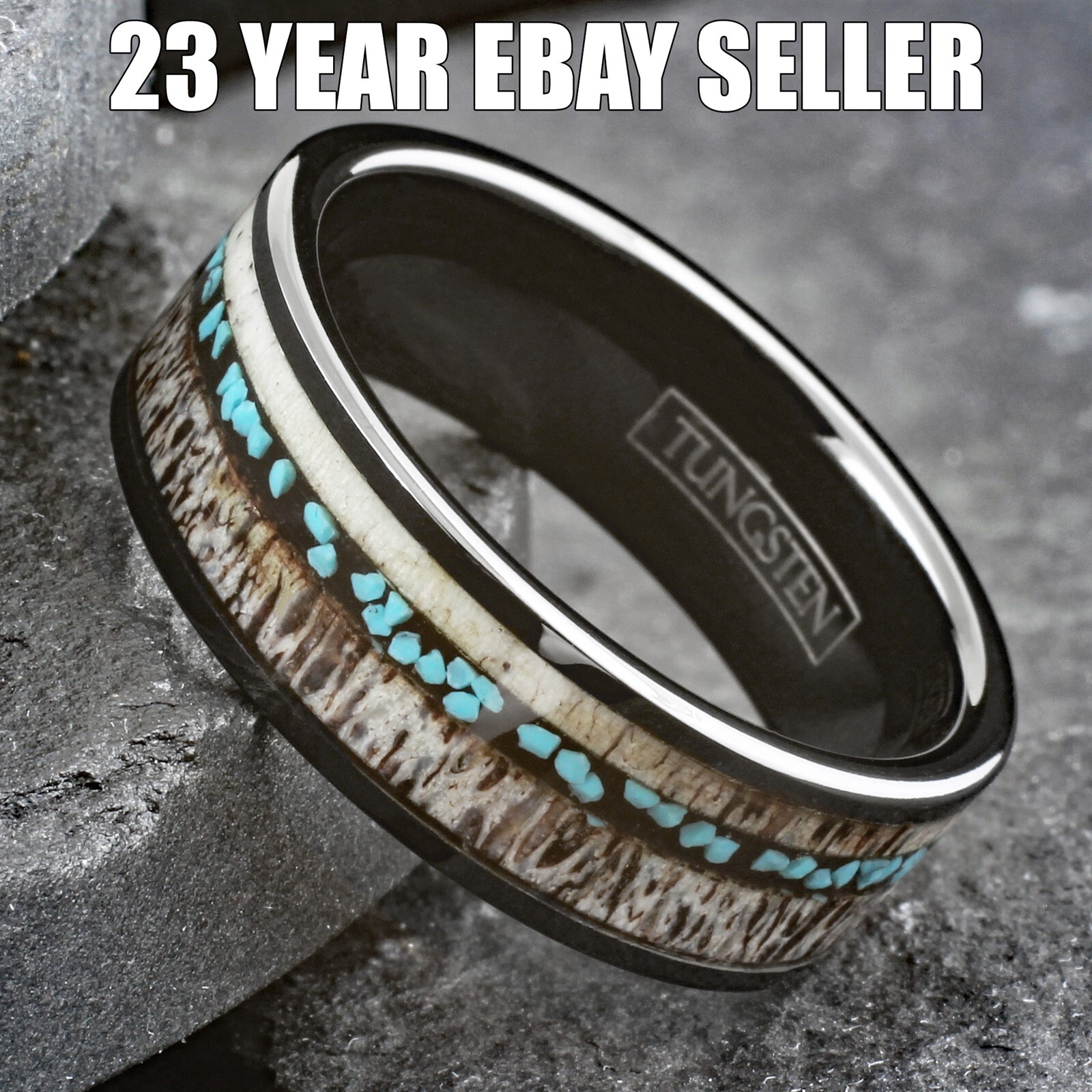 Black Tungsten Carbide Men’s Ring Deer Antler & Turquoise Wedding Band