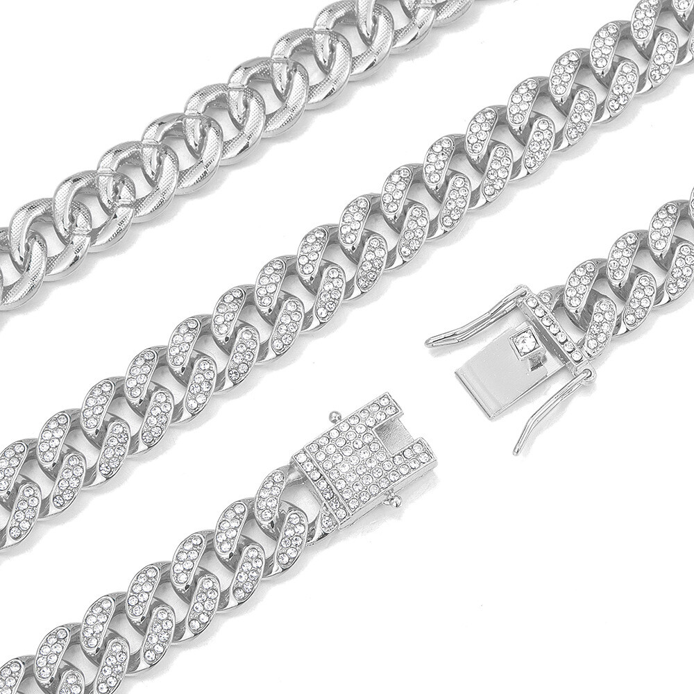 Men’s White Gold Plated Iced CZ Out Miami Cuban Link Bracelet&Chain Set 12MM
