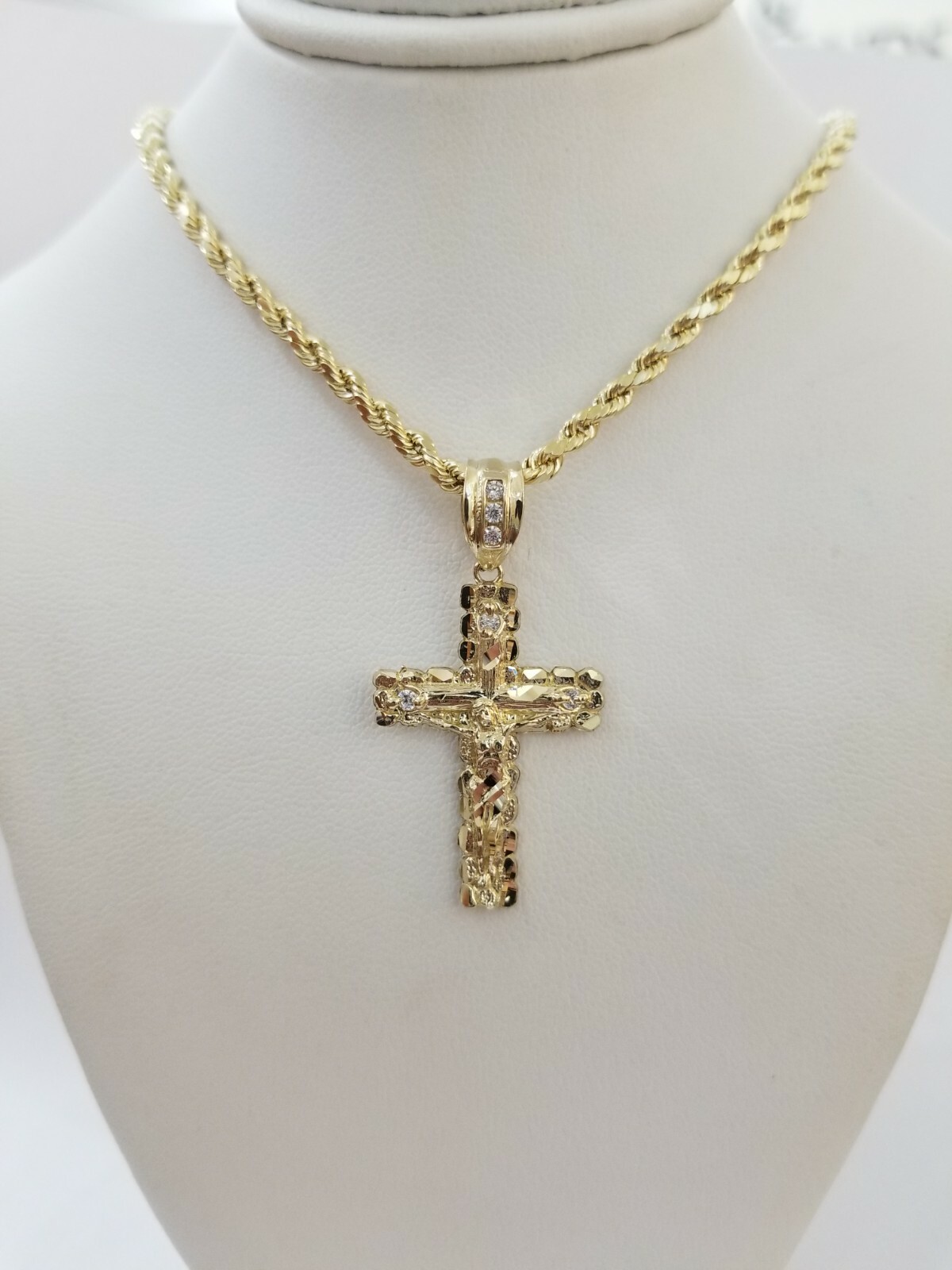 Real Solid 10k Gold Rope Chain Cross Charm 4mm Necklace & Pendant Set 16″-28″