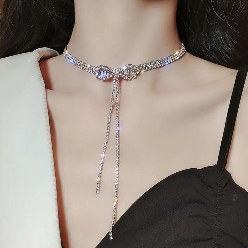 Luxury Sparkly Rhinestone Necklace Crystal Bowknot Pendant Choker Party Jewelry