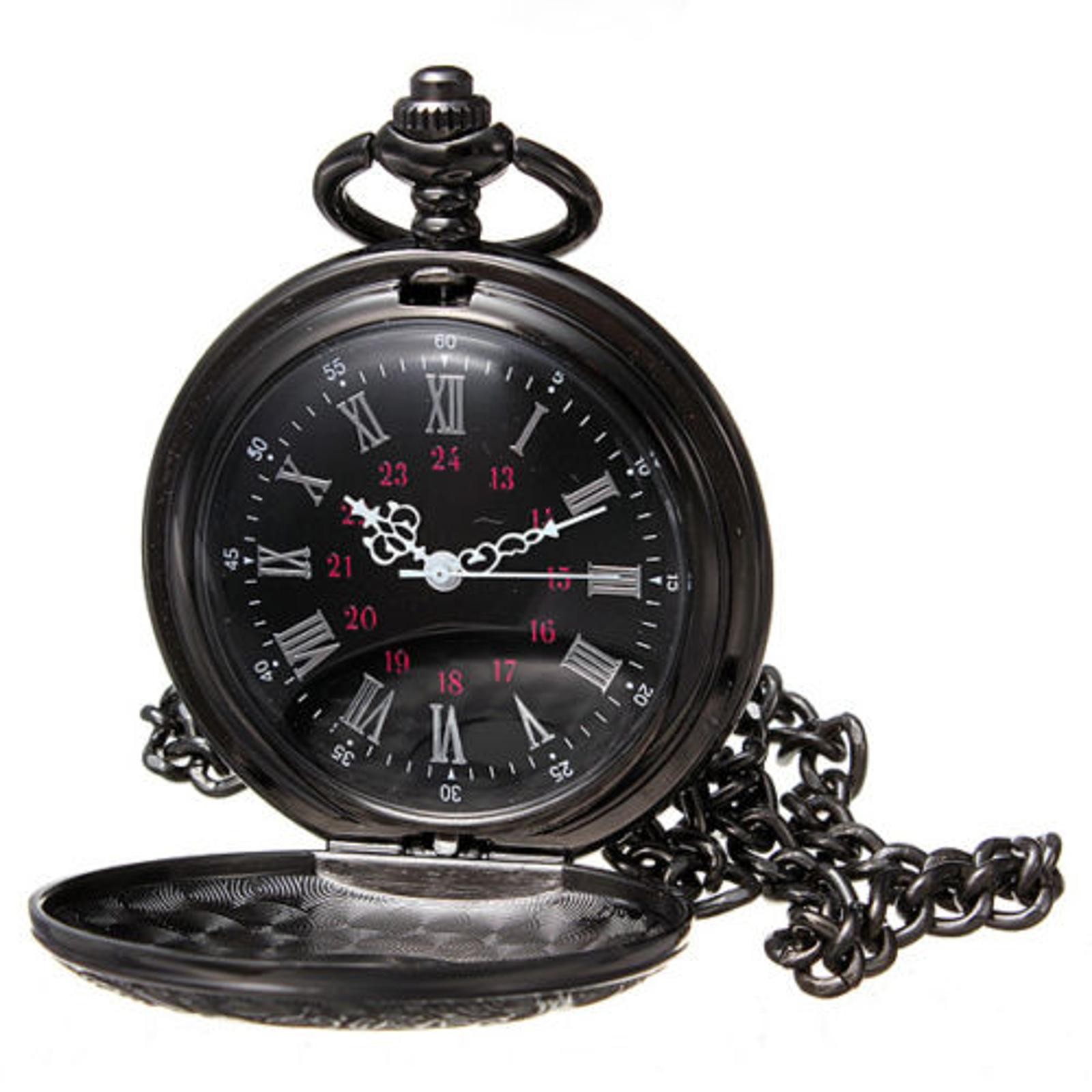 Vintage Retro Steampunk Pocket Watch Black Quartz Pendant Necklace Chain Gift F