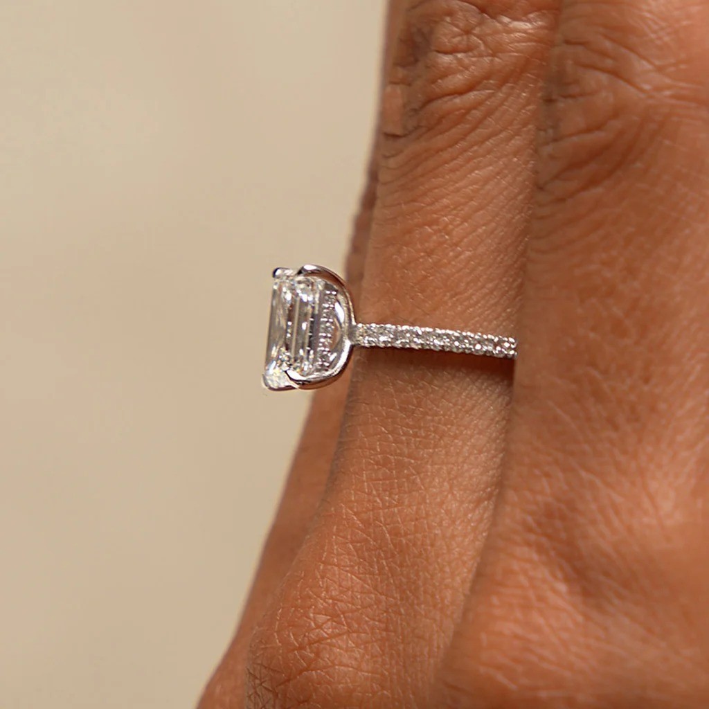 2 Ct Emerald Cut Lab Grown Diamond Hidden Halo Engagement Ring 14k White Gold