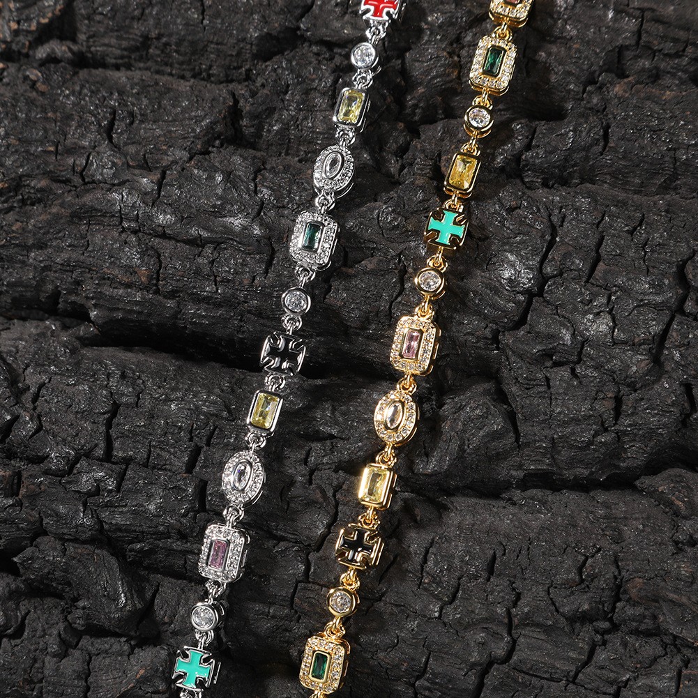 Iced Out Multi Color Gem Cross Link Chain Gold Hip Hop Unisex Statement Necklace