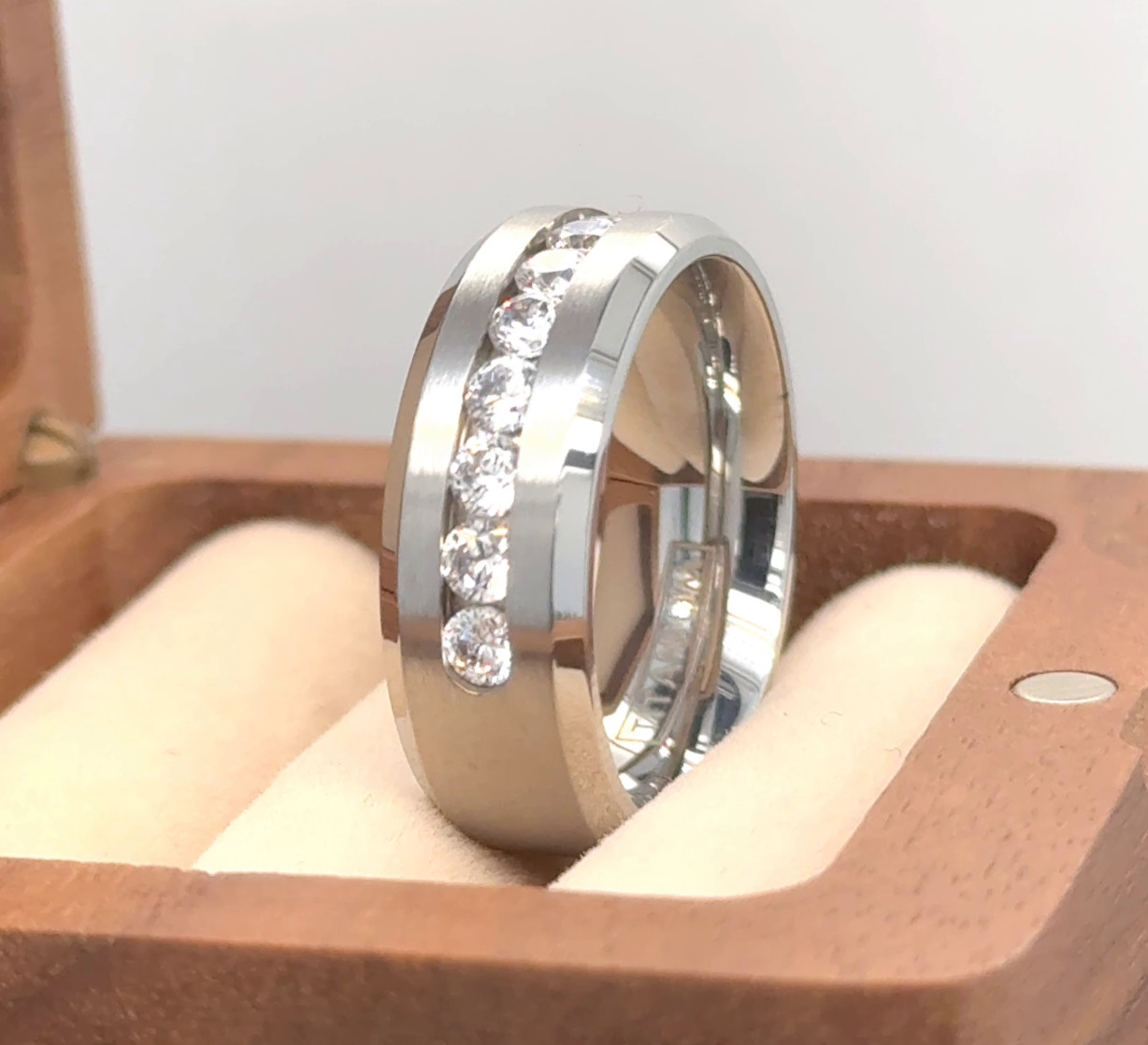Channel Set CZ Inlay Band Couple Ring Gifts 8mm Silver Titanium Modern Ring