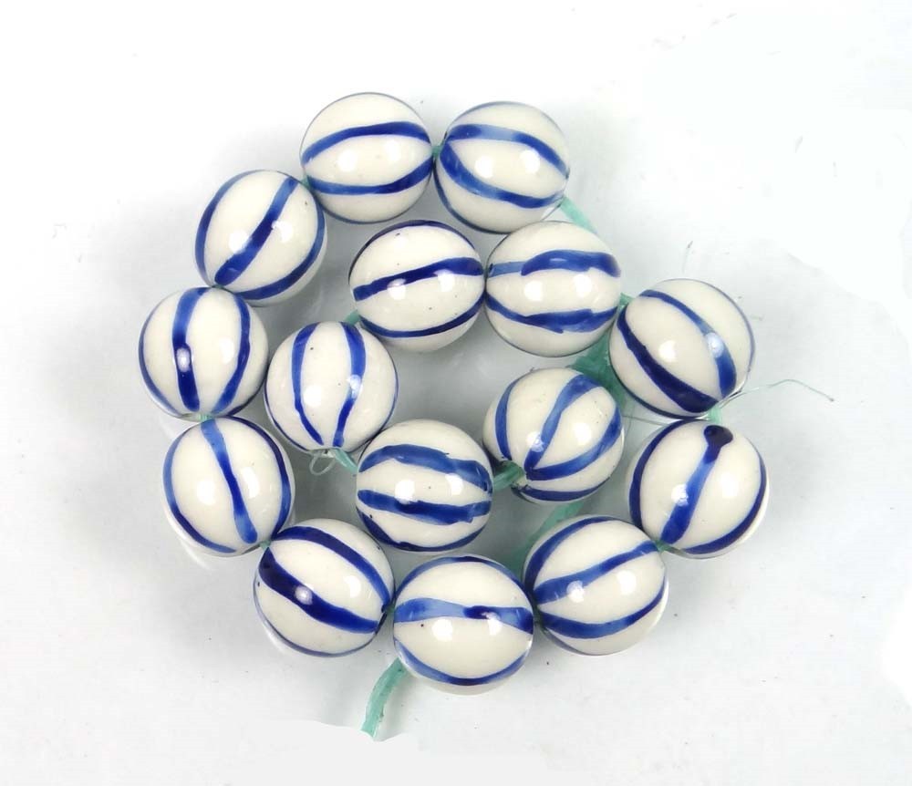 10mm Blue White Porcelain Melon Round Beads (10)