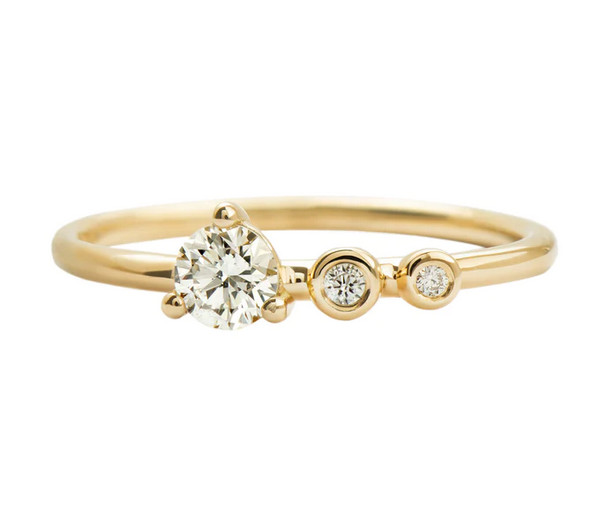 Prong & Bezel Set Round Shape Moissanite In 10K Yellow Gold Women’s 3 Stone Ring