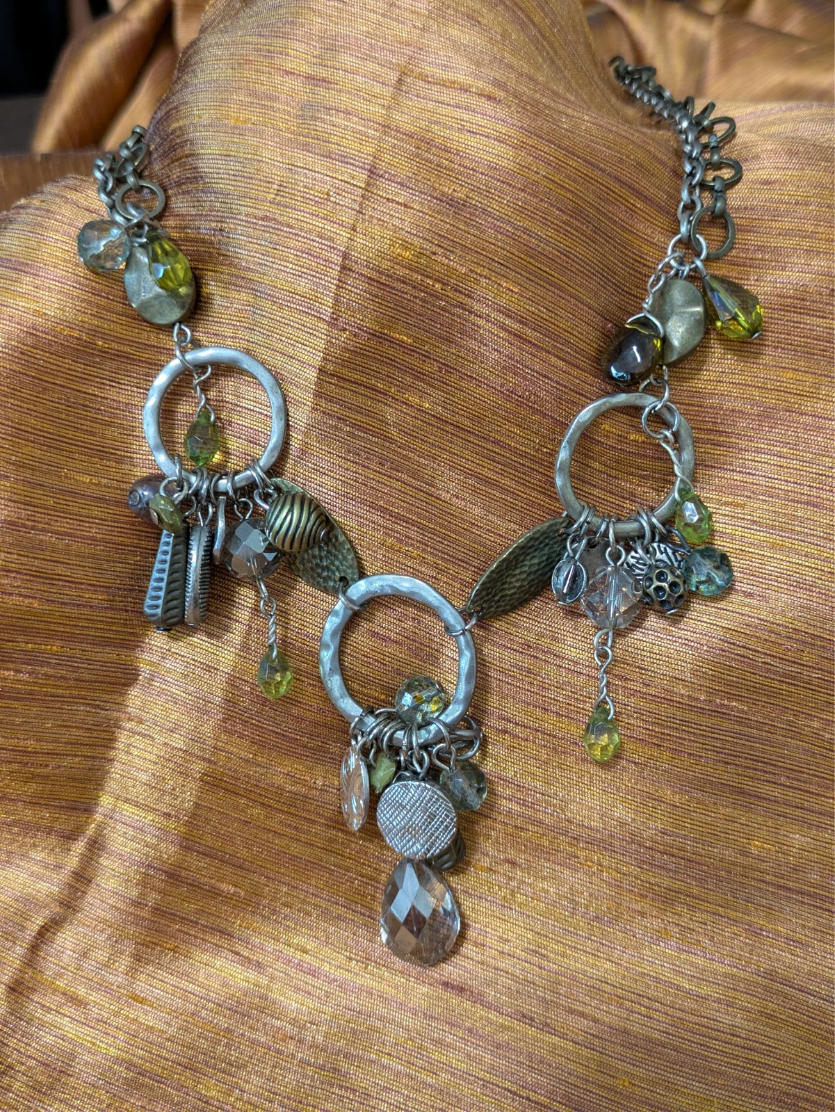 Chain & Light Blue Green Gold Beaded Unique 11 Inch Necklace