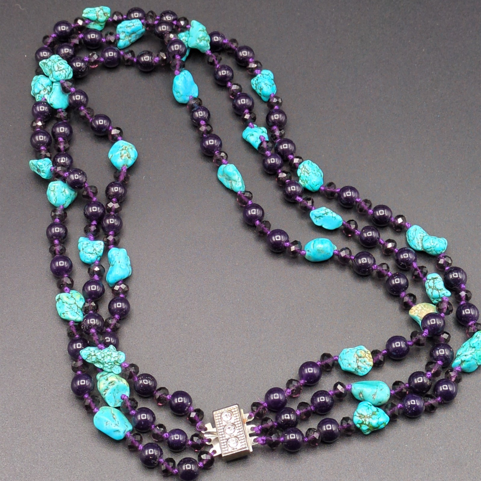 Necklace Multistrand Turquoise? Purple Stone? Beaded Nugget Round Faceted Cute