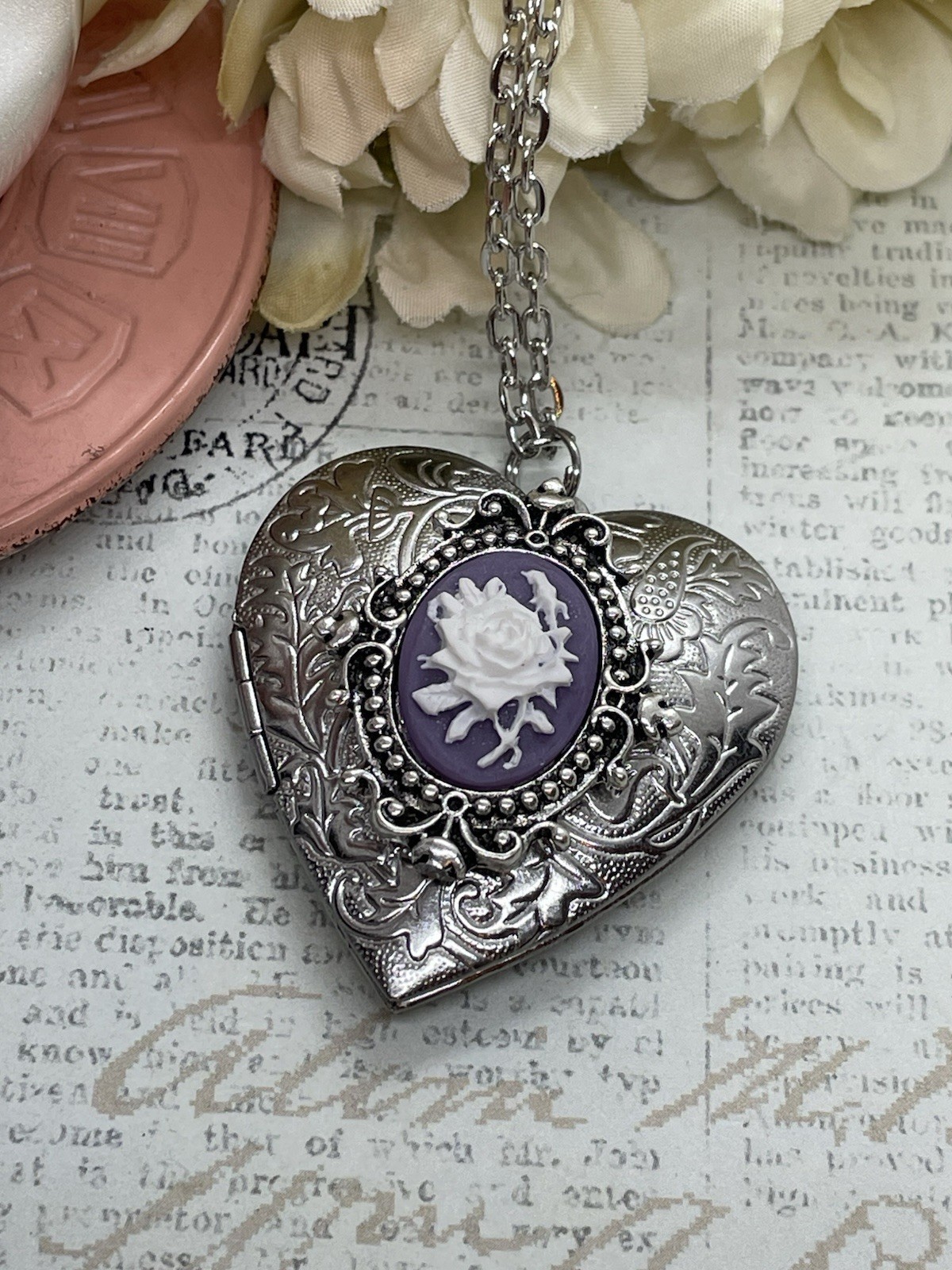 Heart Silver Locket Purple & White Birthday Gift Rose Necklace Photo wedding