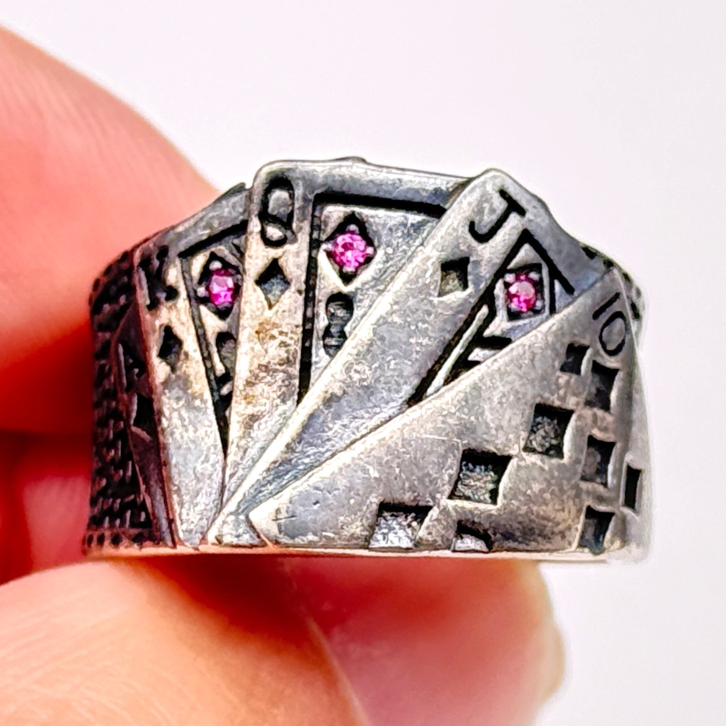 Vintage Royal Flush Poker Sterling Silver Ring Adjustable Size 8.5