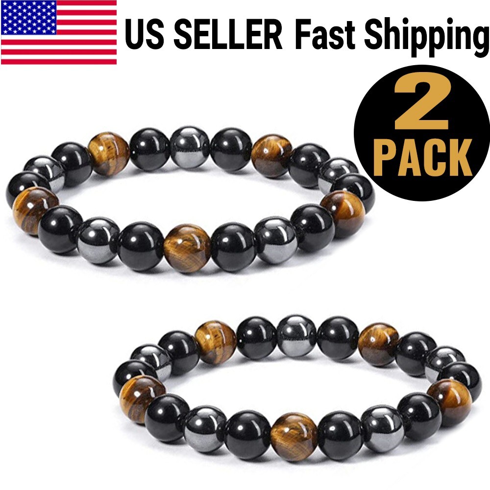 2 PCS Tiger Eye Natural Stone Obsidian 8mm Beaded Bracelet Men Women Jewelry