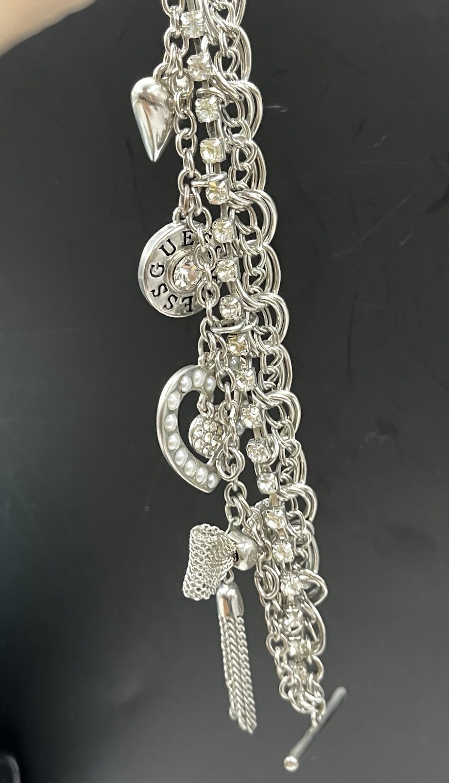 SILVER TONE GUESS CHARM MULTI CHAIN BRACELET MESH BOW HEART Rhinestone 7.25”