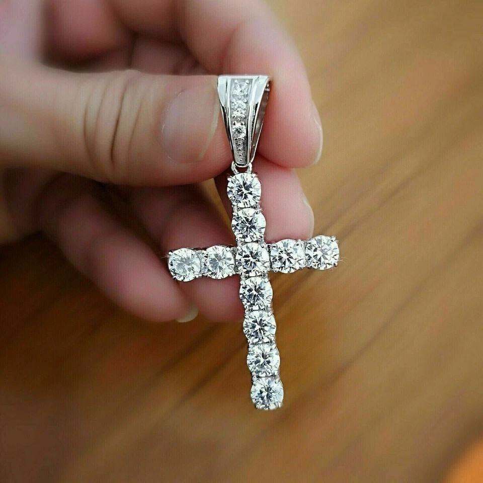 3Ct Lab-Created Diamond Round Cut Cross Pendant Necklace 14K White Gold Plated