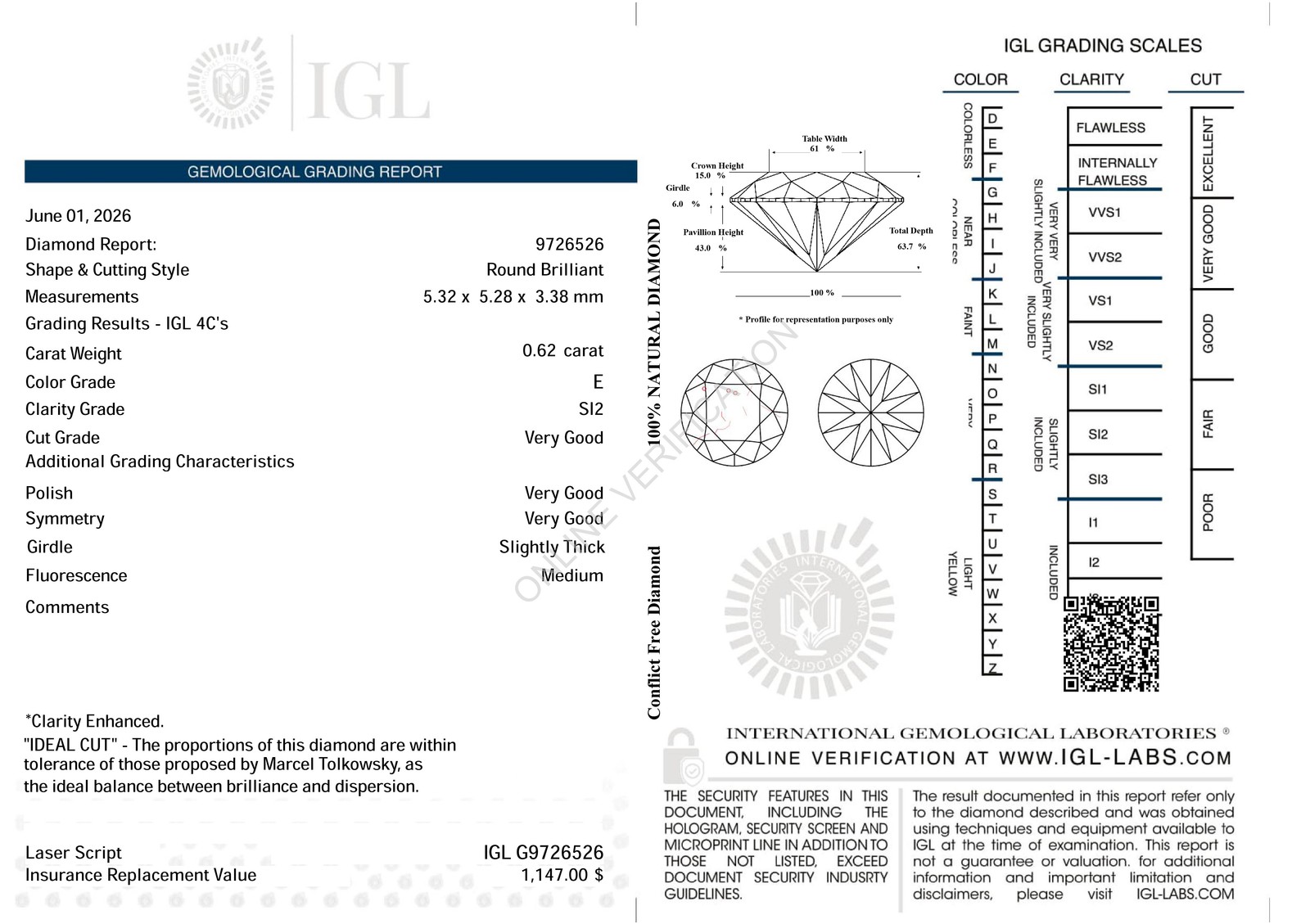 Certified 0.62 Carat E SI2 Round Brilliant Natural Enhanced Loose Diamond 5.32mm