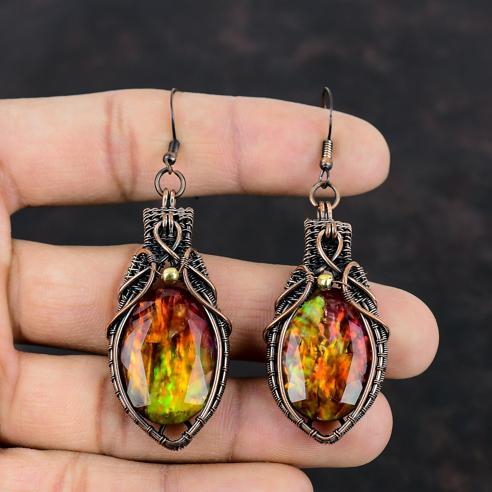 Ammolite Jewelry Copper Gift For Mum Wire Wrapped Drop/Dangle Earrings 2.95″