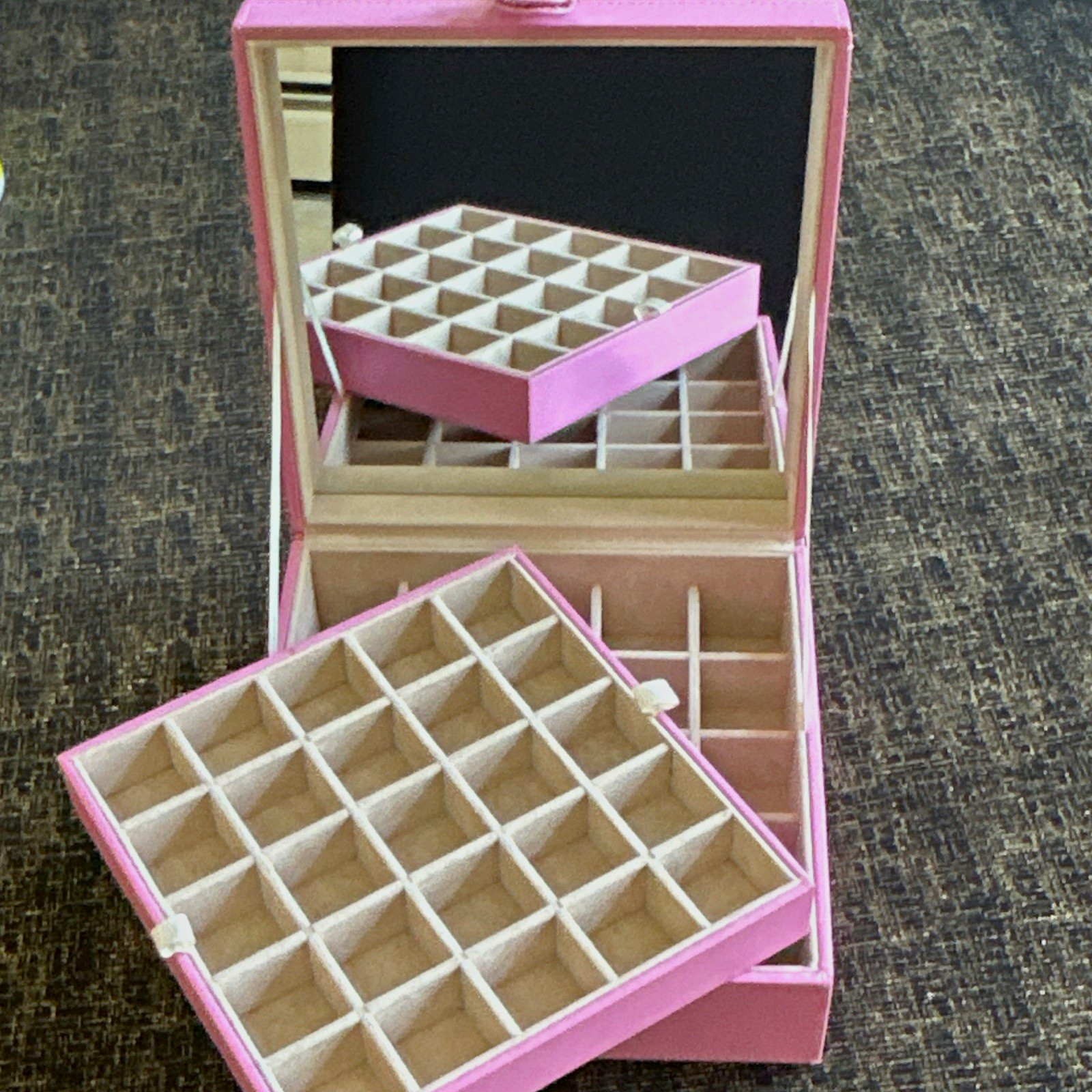 Pink Faux Leather Jewelry Box Organizer w/ Mirror, Velvet Lined Ring/Earring