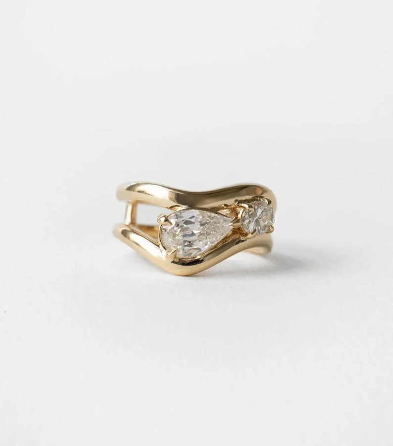 1.50 CTW Pear & Round Cut Lab Grown Diamond Double Band Waves Ring Gift for Her